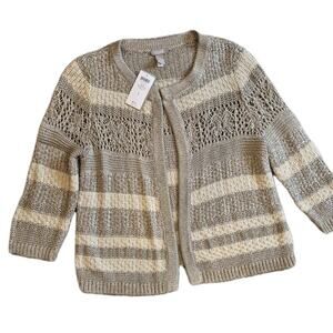 Chico's Knit Crochet Shimmer Cardigan Beige Metallic Striped 3/4 Sleeve Sweater